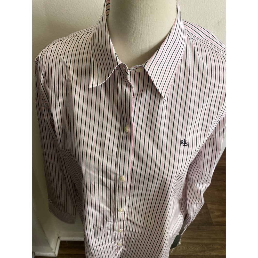Lauren Ralph Lauren Womens XL Non-Iron Striped Button Down Shirt White Pink Navy